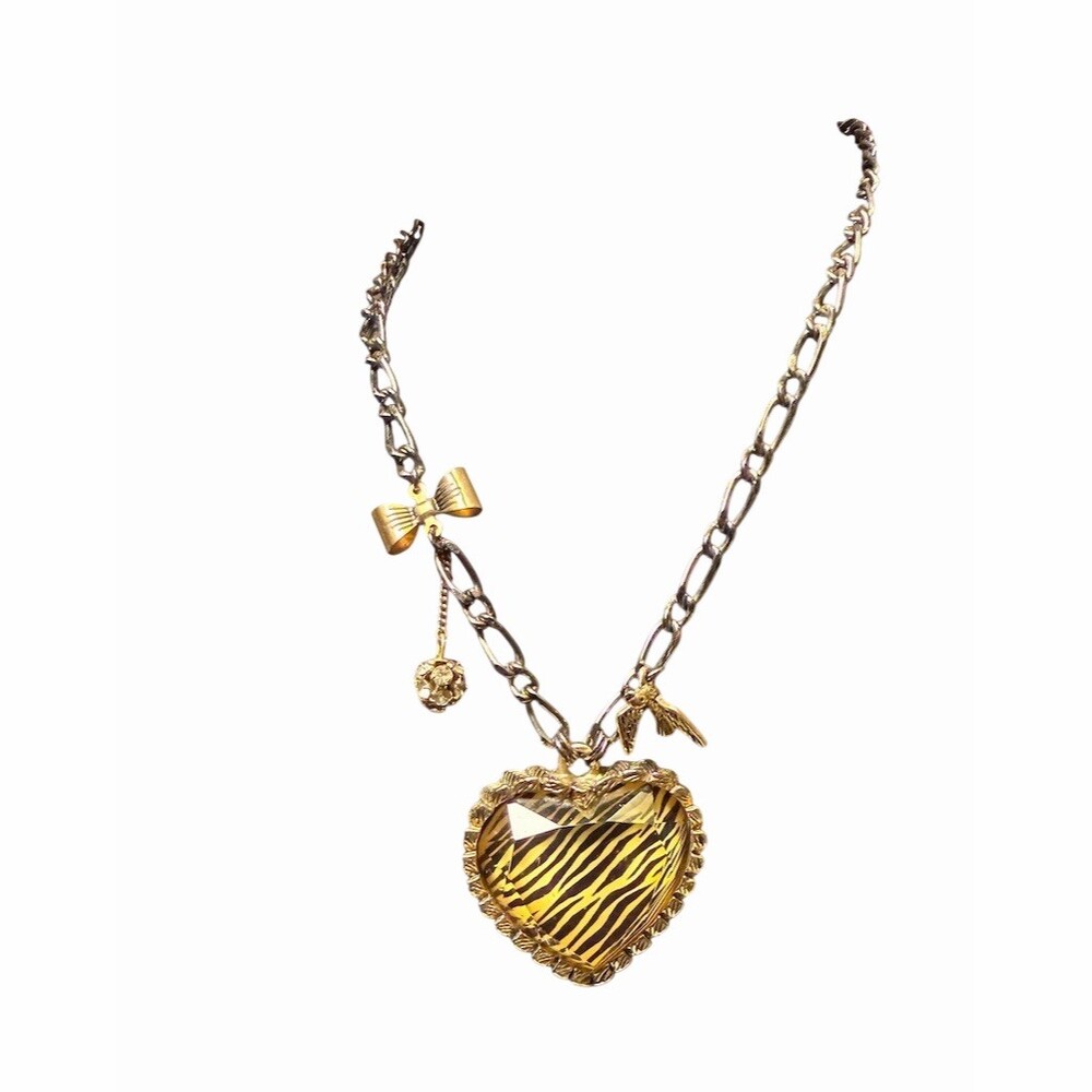 Betsey Johnson Zebra Stripe Adjustable Heart Pendant Charm Necklace N19
